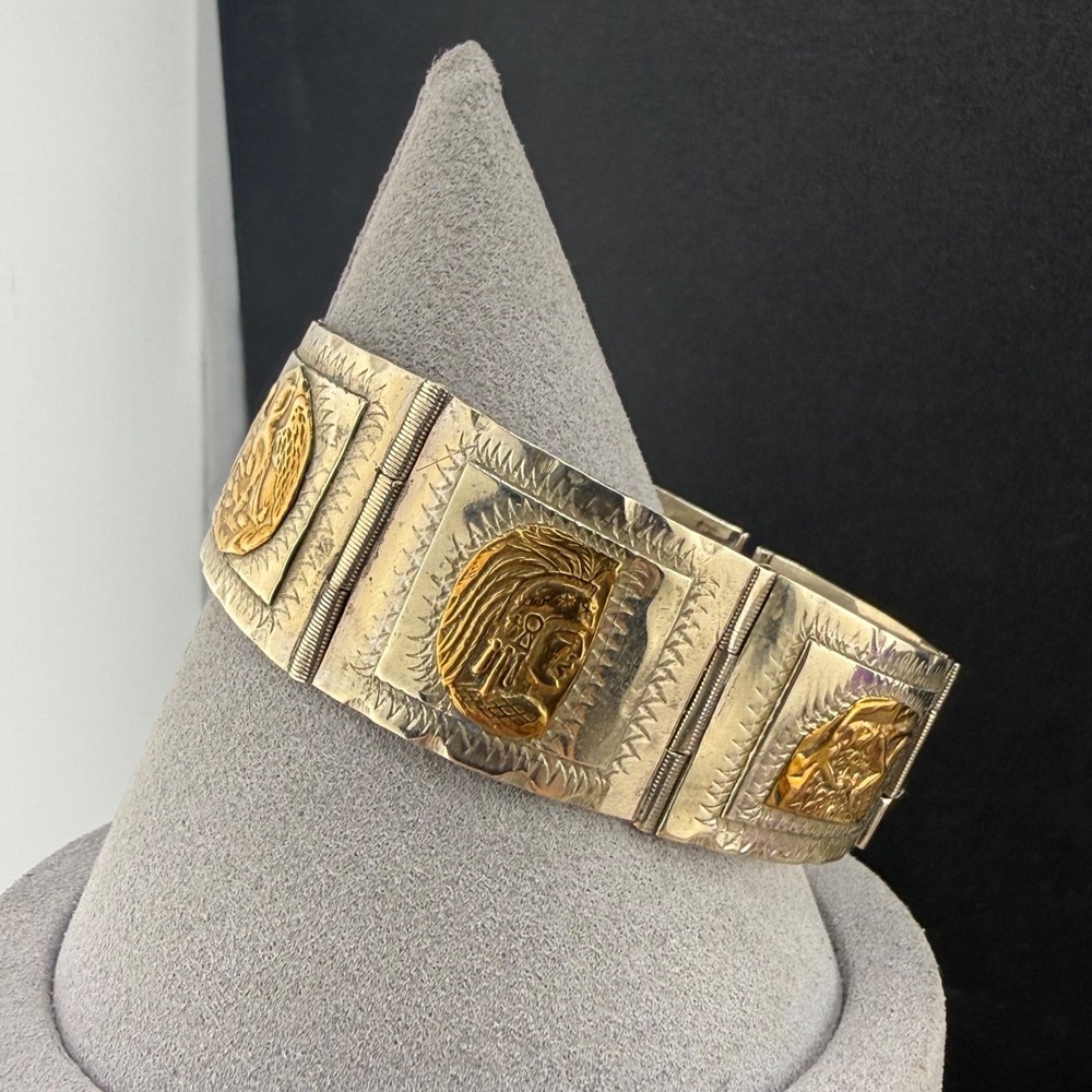 Vintage Taxco Mexico ‎ Aztec Bracelet Vermeil Engraved 7"